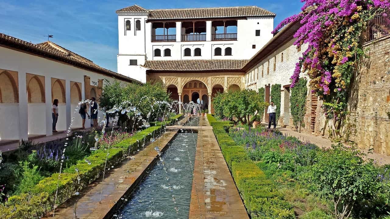 Generalife gardens and water features at the Alhambra complex in Granada